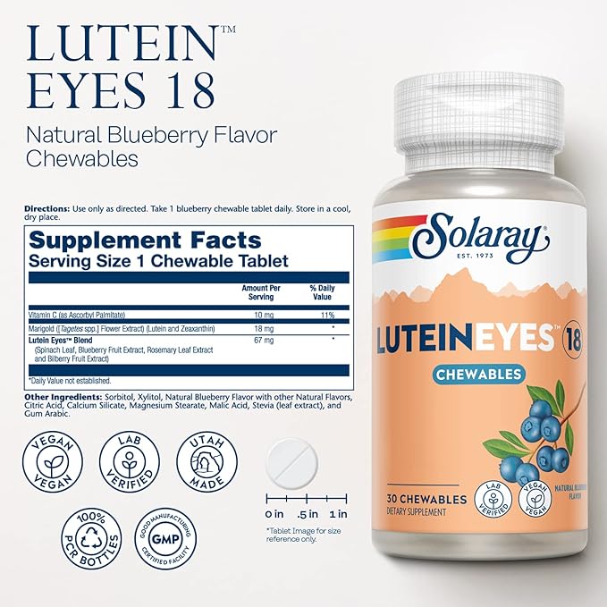 SOLARAY Chewable Lutein Eyes 18 | Eye &amp Macular Health Support Supplement w/Naturally Occurring Lutein and Zeaxanthin | Non-GMO | 30 Chewables