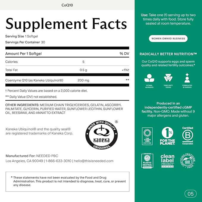 Needed. CoQ10 200mg Supplement - Ubiquinol 200mg for Women and Men – Coenzyme Q10 Preconception Health Supplement Non-GMO Softgels – 30 Count