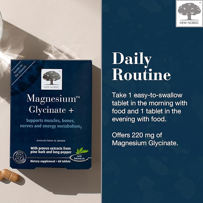 New Nordic Magnesium Glycinate 220 mg Maximum Absorption Tablets with Pine Bark &amp Long Pepper Gentle on Stomach for Women &amp Men 30 Servings