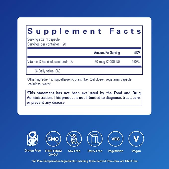 Pure Encapsulations Vitamin D3 Vegan | Support for Musculoskeletal Cardiovascular Neurocognitive Cellular and Immune Health* | 120 Capsules