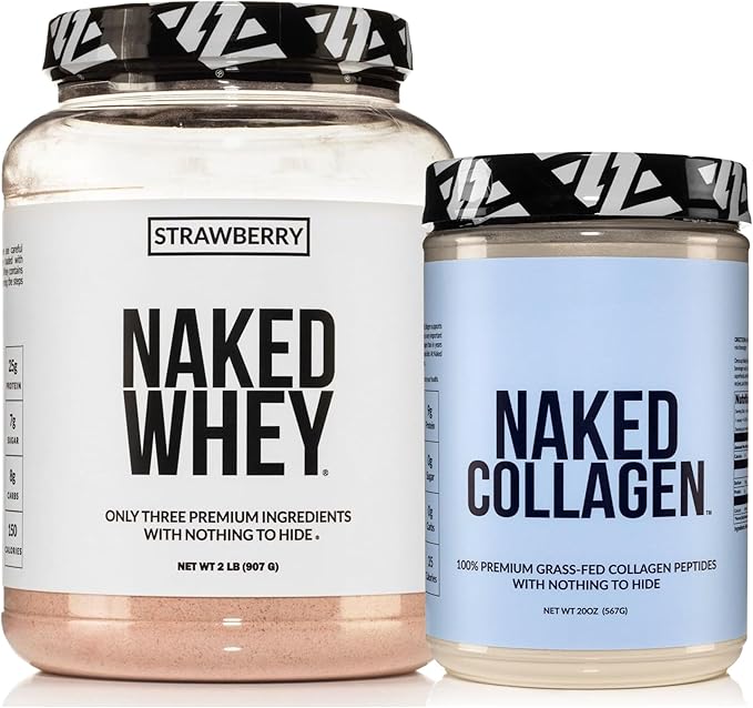 NAKED Strawberry Whey Protein Powder (24 Servings) Collagen Peptides Protein Powder 20oz (60 Servings) – Grass-Fed Pasture-Raised Non-GMO Gluten Free Keto Paleo Friendly