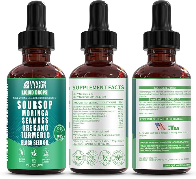 Vyxion Soursop Bitters Liquid Drops 10 in 1 with Sea Moss Moringa Turmeric Black Seed Oil Oregano Ashwagandha | Herbal Extracts for Overall Health-Enhancing |Vegan Non-GMO| 4 Fl Oz