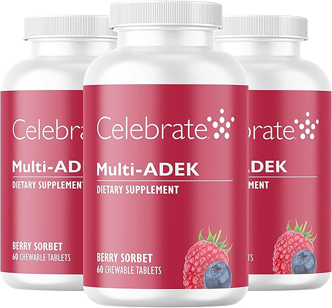 Celebrate Vitamins Multi ADEK Chewables Iron Free - Daily Bariatric Multivitamin High Level of Vitamins A D E K &amp B12 for Duodenal Switch Surgery Patients - Berry Sorbert (180 Tablets)
