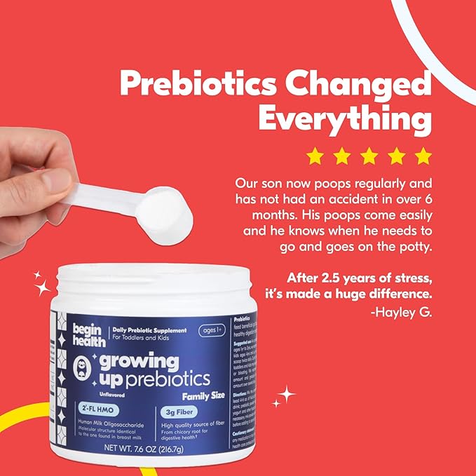 Begin Health Growing Up Prebiotics for Kids 56-Packs | Prebiotic Soluble Powder Stool Softeners and Digestive Gut Health Supplement | Ideal to Mix with Kids Daily Beverages and Soft Foods - Unflavored