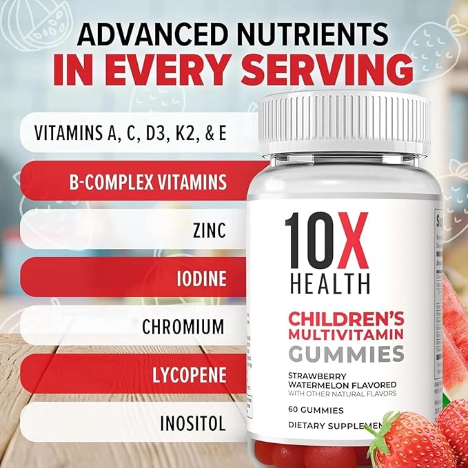 10X Health Children’s Methylated Multivitamin Gummies - 60 Count Kids Multivitamin Gummies Complete Daily Nutrition - Immunity Bones &amp Energy - Strawberry Watermelon Flavor