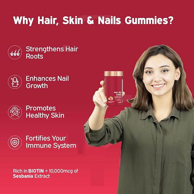 Biotin Gummies for Healthy Hair Skin &amp Nails Growth | with High Potency 10000 mcg of Sesbania Extract Natural BiotinFolic Acid &amp Multivitamins No-Added Sugar Strawberry Flavor|60 Gummy