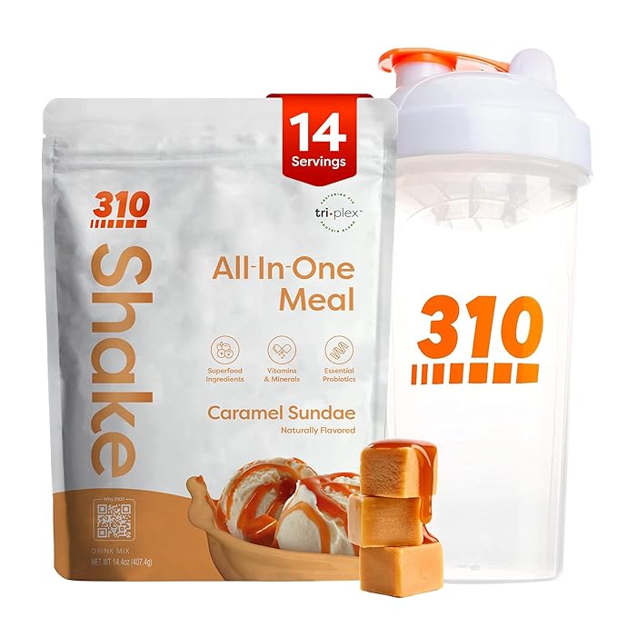 310 Nutrition Meal Replacement Shake Powder Starter Kit with Shaker Cup - Vegan Protein Fiber &amp Superfood Blend - Sugar-Free Low-Carb Keto &amp Paleo Friendly - Caramel Sundae - 14 Servings