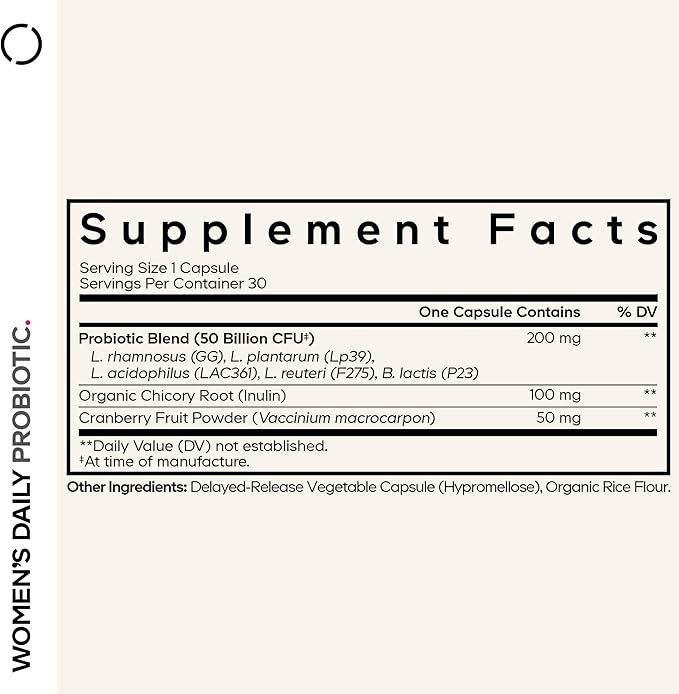 Codeage Women’s Daily Probiotic Supplement – 50 Billion CFU Supplement Cranberry Fruit Powder Prebiotic Chicory Root Inulin – Women’s Wellness Support – 1 Capsule Per Serving - Non-GMO – 30 Capsules