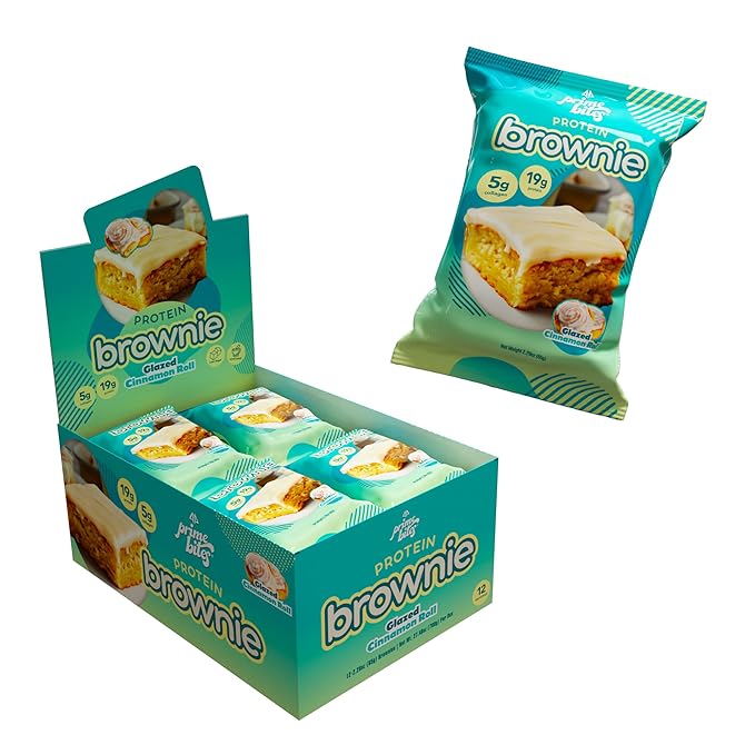Prime Bites Protein Brownie from Alpha Prime Supplements | High Protein Collagen Fortified Low Sugar Treat | Delicious Snack | 12 Bars per Box (Glazed Cinnamon Roll)