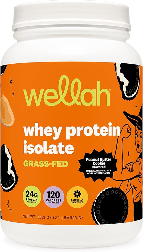 Wellah Grass-Fed Whey Protein Isolate Powder (Peanut Butter Cookie) 30 Servings - 24g of Protein 120 Calories Per Serving Naturally Sweetened
