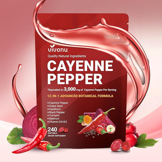 Cayenne Pepper Softgels Supplement with Vitamin E D3+K2 and Extracts of Turmeric Grape Seed Hawthorn Beetroot Berberine and Others Supports Leg Vein Heart and Blood Vessel Health (2 Pack)