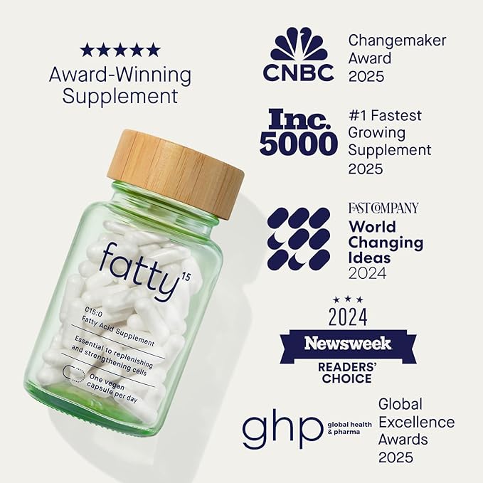 Fatty15 C15:0 Pentadecanoic Acid Supplement The Longevity Nutrient - 90 Vegan Capsules - 3X Cellular Benefits of Fish Oil EPA Omega 3 Supplements - Liver Support &amp Mitochondrial Health