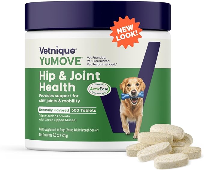 Yumove Hip &amp Joint Supplement for Dogs with Glucosamine Hyaluronic Acid Green Lipped Mussel &amp Omega 3 Joint Supplement - Regular or Advanced Strength (300 Count Chewable Tablets)
