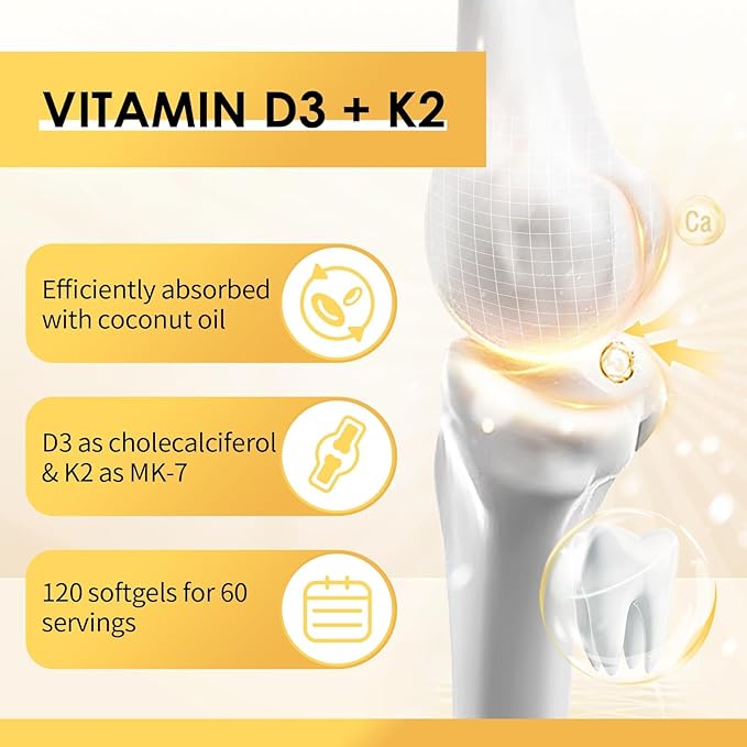 Vitamin D3 K2 Supplement with Vitamin D3 5000 IU 200 mcg Vitamin K2 MK-7 &amp Natural Coconut Oil Plant Based 2-1 Formula for Bone Teeth Muscle and Immune Health Support (120 Count (Pack of 2))