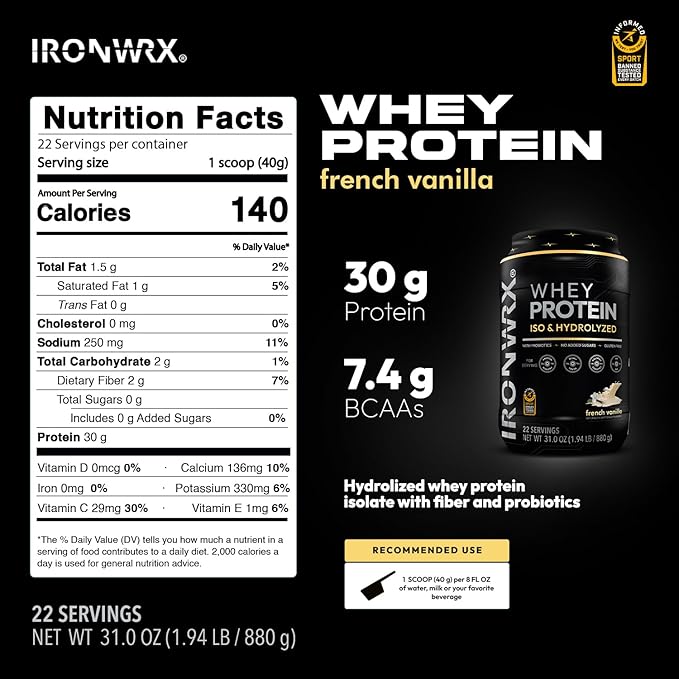 100% Hydrolyzed Whey Protein Isolate | 30g Protein 7.4 g BCAAs | French Vanilla | Informed Sport Certified Banned Substance Free | Low Carb Keto Friendly Fast Absorbing Powder | 22 Servings