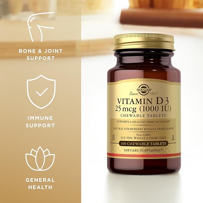 Solgar Vitamin D3 (Cholecalciferol) 25 mcg (1000 IU) Natural Strawberry Banana Swirl - 100 Chewable Tablets - Non-GMO Kosher - 100 Servings (Pack of 2)
