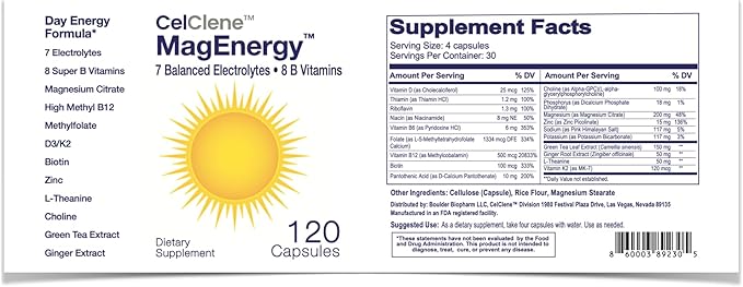 CELCLENE MagEnergy 7 Electrolytes 8 Super B Vitamins High Magnesium High Methyl B12 Methyl Folate D3/K2 Biotin Zinc for Hydration L-Theanine Choline Green Tea Ginger Extracts