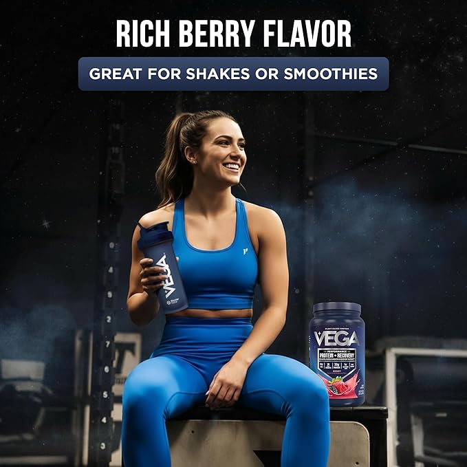 Vega Sport Vegan Protein Powder + Recovery - 30g Plant Based Protein per Serving Berry 19 Servings 5g BCAAs Probiotics NSF Certified for Shakes &amp Smoothies 1.8lbs (Packaging May Vary)
