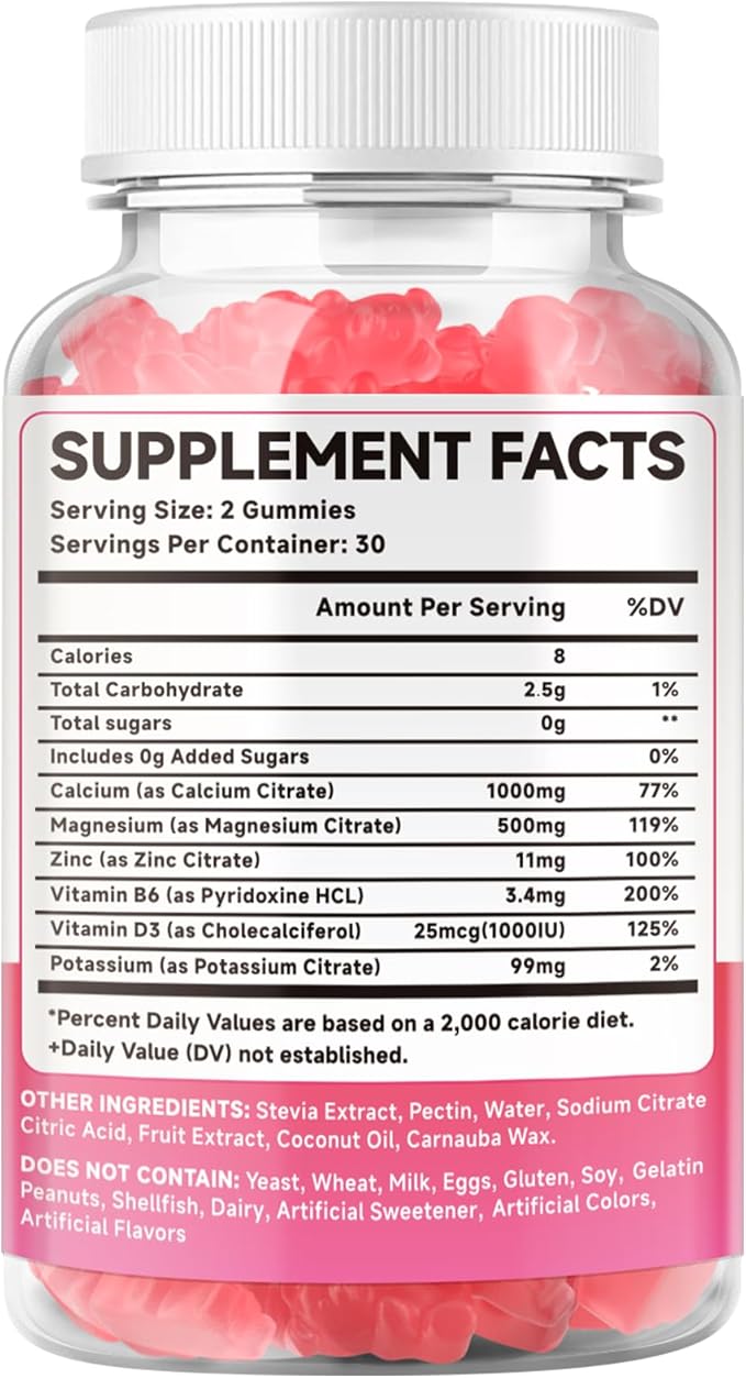 2 Pack Calcium Citrate Gummies 1000mg w/Vitamin D3 High Absorption Calcium Gummies for Women &amp Men Plus Magnesium Potassium Zinc for Muscle &amp Immune Support Raspberry Flavor 120 Count