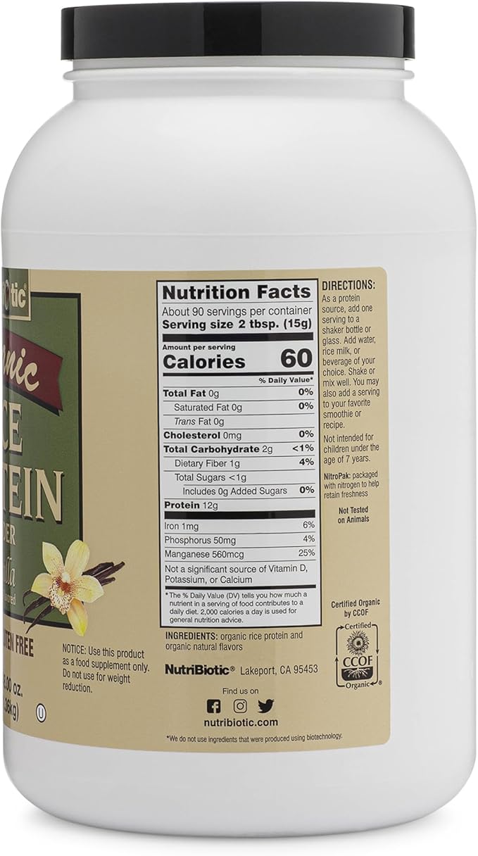 NutriBiotic Certified Organic Rice Protein Vanilla 3 Lb. | Low Carbohydrate Vegan Protein Powder | Raw Certified Kosher &amp Keto Friendly | Made Without Chemicals GMOs &amp Gluten | Easy to Dige