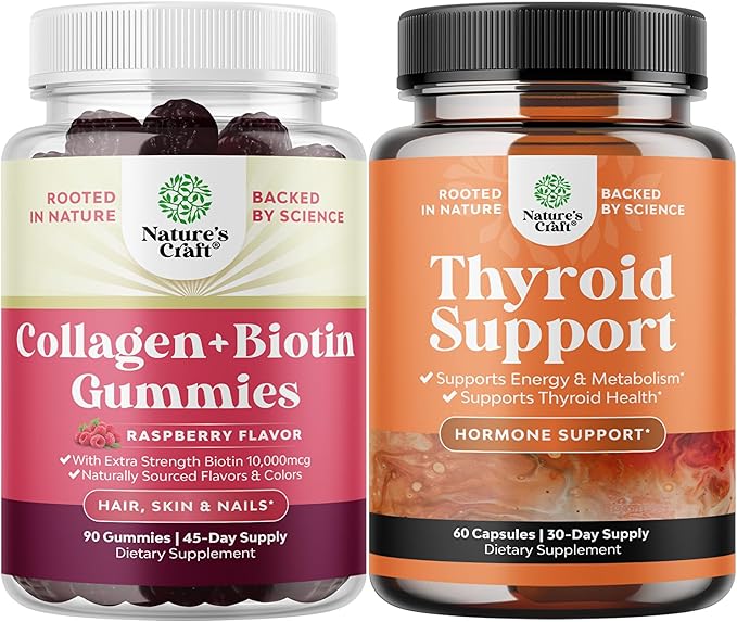 Bundle of Hair Skin and Nails Gummies for Women - Extra Strength Biotin &amp Collagen and Herbal Thyroid Support - Potent Kelp Iodine Supplement with L Tyrosine Bladderwrack Selenium &amp Pure Ash