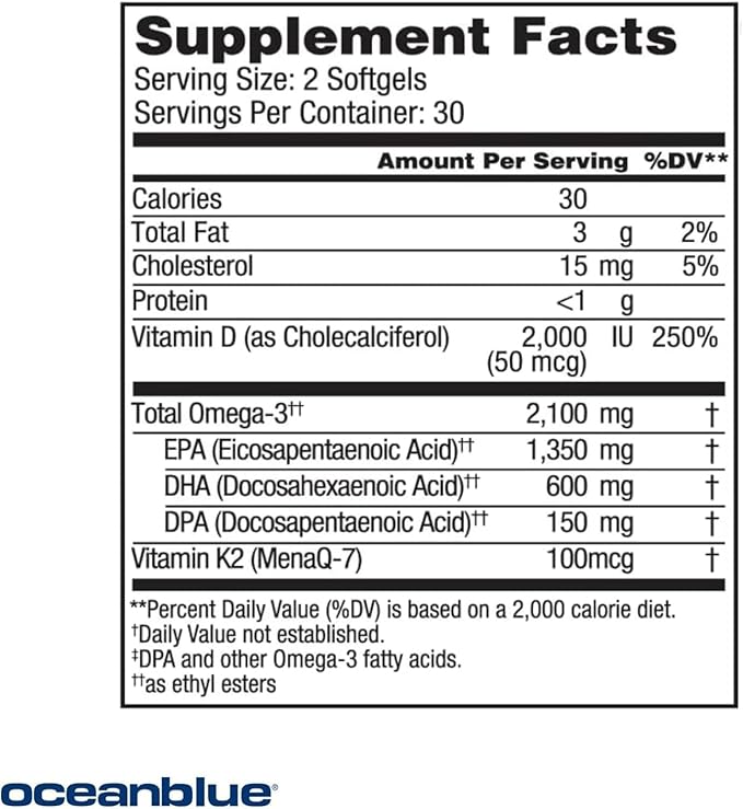 oce-anb1ue Omega 3 Fish Oil 2100mg with Vitamin K2 &amp D3 High Potency EPA DHA Omega-3 Supplement for Heart Joint Support Natural Orange Flavor 120 Softgels