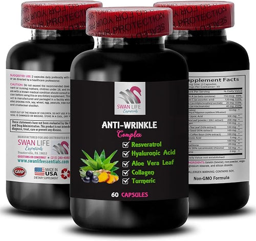 Aloe Vera - Anti-Wrinkle Complex - Alpha Lipoic Acid Collagen Care Green Coffee Bean L-Glutathione Lycopene Grape Seed Hydration Boost Turmeric Extract Smooth Skin 2 Bottles 120 Capsules
