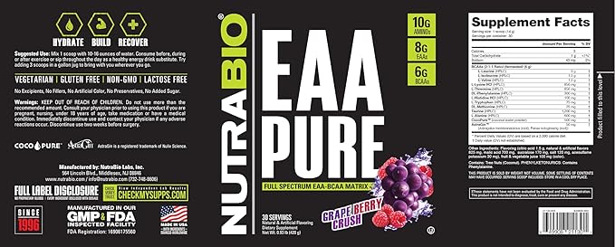 NutraBio – EAA Pure – 9 Amino Acids – Muscle Repair and Recovery 30 Servings Grape Berry Crush – Pre or Post Workout – All Day Recovery