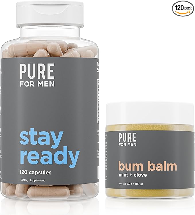 Pure for Men Stay Ready Fiber Supplement (120 Count) + Bum Balm Raw Lotion for Men