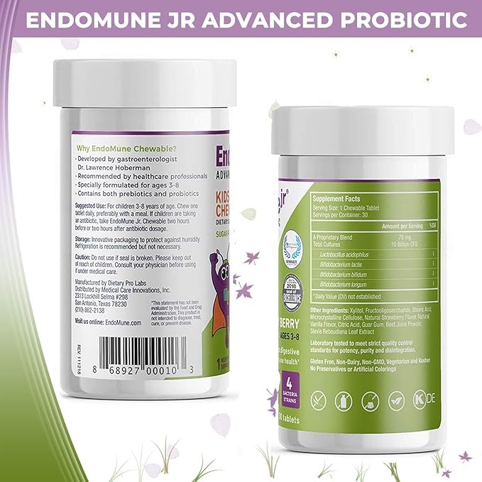 Endomune Jr Advanced Kids Probiotic and Prebiotic Chewables -10 Billion CFUs - 4 Strains Bacteria and FOS Prebiotic - Physician Formulated - 30 Chewable Tablets