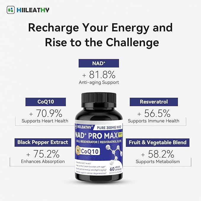 NAD+ Supplement for Men and Women with Resveratrol and CoQ10 Promotes Cell Regeneration and Anti-Aging American-Made NAD+ 60 Capsules(2 Pack)