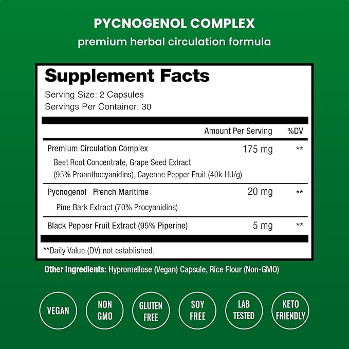 NutraChamps Pycnogenol French Maritime Pine Bark Extract Premium Circulation Complex Blood Flow Nitric Oxide Production Superior Absorption Results with Black Pepper Extract 60 Capsules