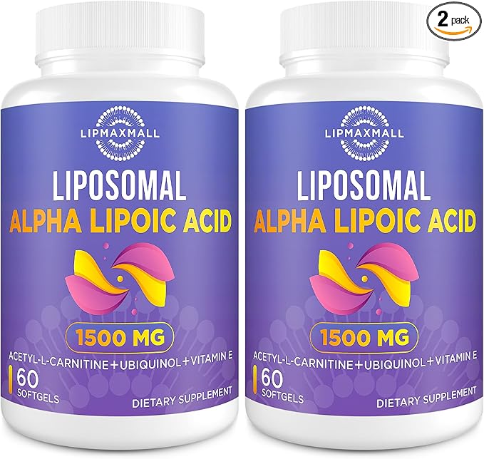 Liposomal Alpha Lipoic Acid 1500mg - with Acetyl-L-Carnitine 900mg &amp Ubiquinol 100mg &amp Vitamin E 15mgALA Supplement for Antioxidants Glucose Metabolism Nerve Energy60 Softgels (2 Bottle)