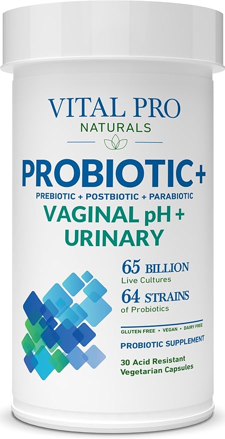 Vital Pro Naturals - Vaginal pH &amp Urinary Probiotics + Prebiotics Postbiotics Parabiotics 4-in-1 Supplement for Women High Potency 64 Strains Digestive Vaginal Urinary Immune Health 30 c
