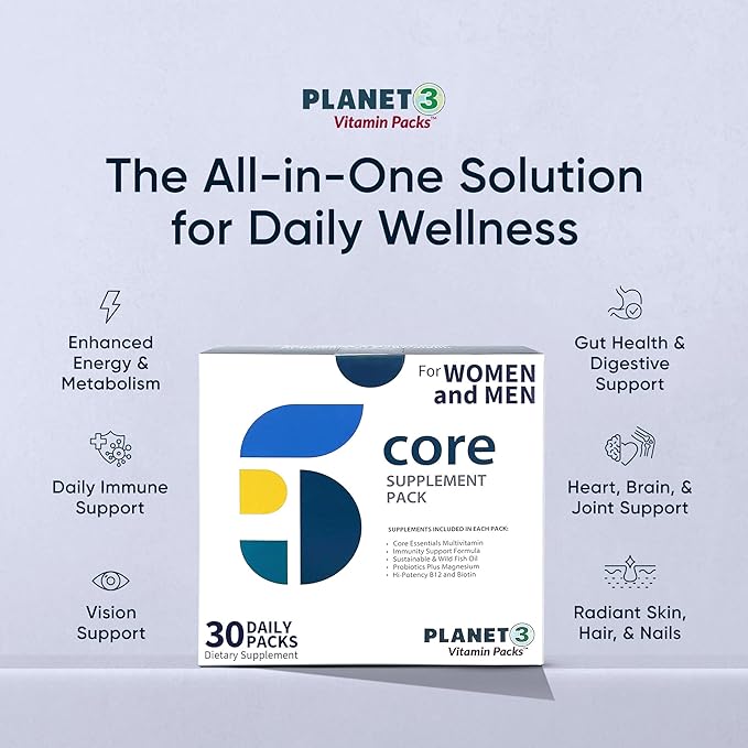 Planet 3 Vitamin Packs Daily Vitamins for Both Men &amp Women Energy Immune &amp Heart Support | Multivitamin Vitamin D Omega 3 Probiotics Biotin B12 &amp More | Core Supplements | 90 Daily