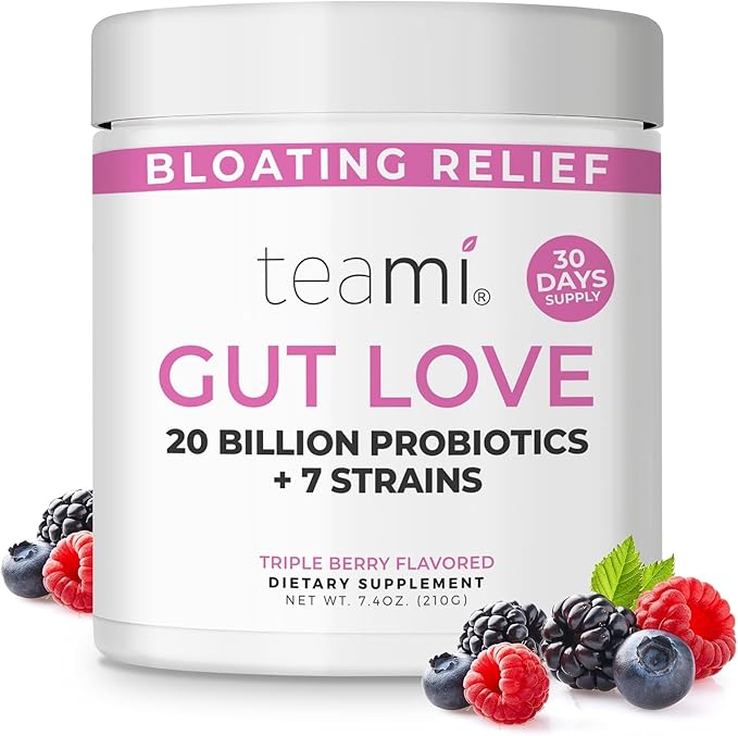 Teami Prebiotic and Probiotic Powder for Women - Promotes Digestion Bloating Relief &amp Belly Balance - Gut Health Powder with 20 Billion Probiotics &amp 7 strains - Triple Berry Gut Love 30 Serv