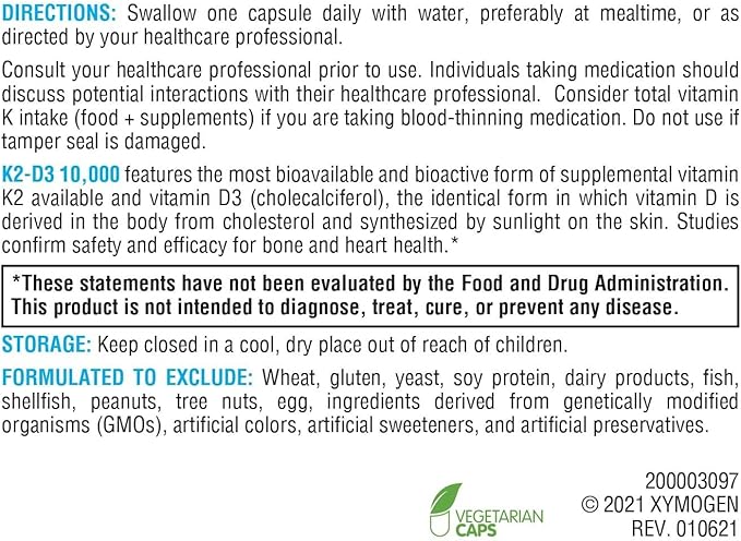XYMOGEN K2-D3 10000 - Vitamin D3 K2 - Bioavailable Vitamin D 10000 IU (Cholecalciferol) with MK-7 - Heart Arterial Bone Health + Immune Support Supplement (120 Capsules)