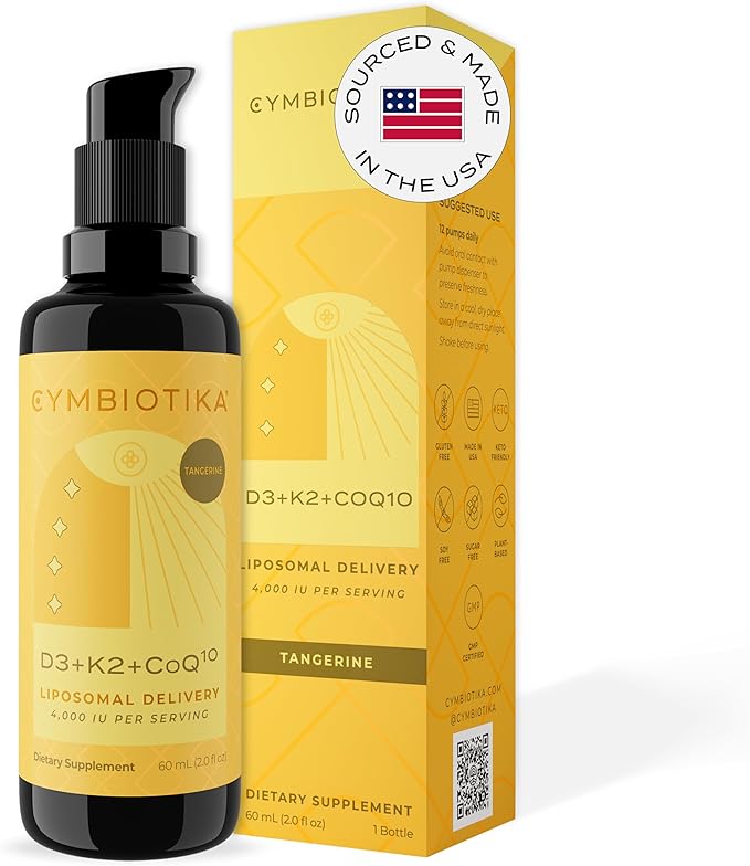 CYMBIOTIKA Vitamin D3 + K2 + CoQ10 Liquid Vitamin D Supplement for Immune Support Heart Health &amp Bone Health Energy Booster Liposomal Delivery Vegan Keto Ingredients Tangerine Flavor