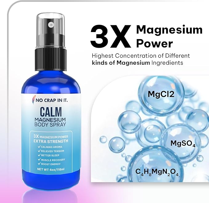 No Crap In It Calm Magnesium Spray Triple Magnesium Power: All Natural Magnesium Chloride Glycinate Sulfate-4oz