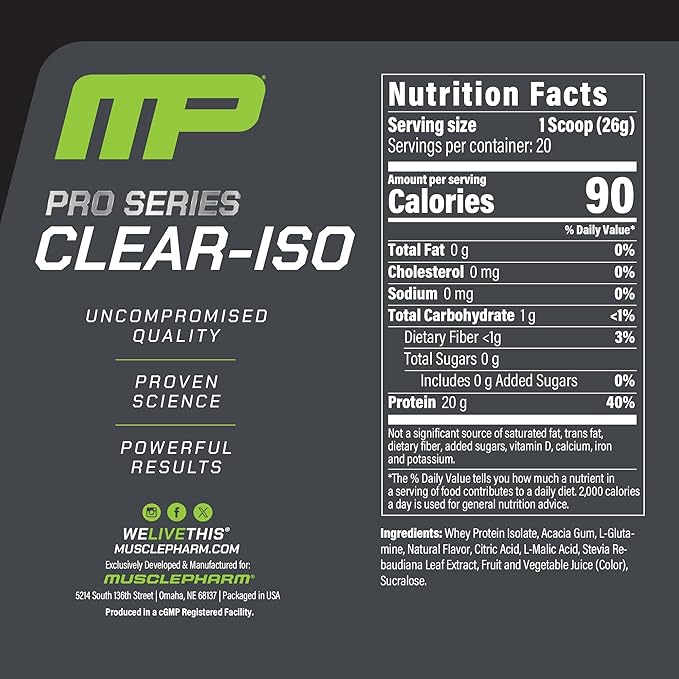 MusclePharm Pro Series Clear-ISO Clear Protein Powder 20g Fast-Acting Whey Isolate per Serving Plus BCAAs &amp L Glutamine | Pro-Grade Muscle Recovery &amp Growth | Sour Peach Rings 1.14 lb 20 S