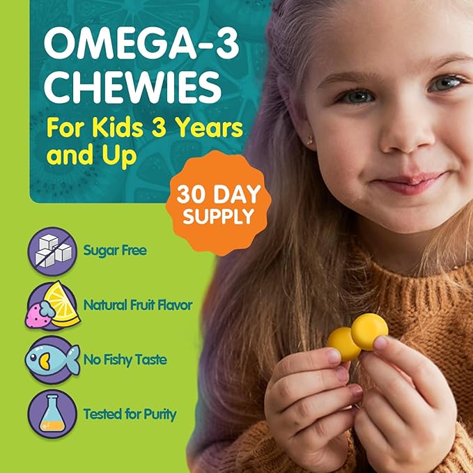 OmegaVia Omega 3 Chewies - Ultra-High DHA Chewables - Omega 3 for Kids Supports Brain &amp Eye Health - Sugar-Free Natural Fruit Flavor - Kids Omega 3 Fish Oil Chewies (30 Count)