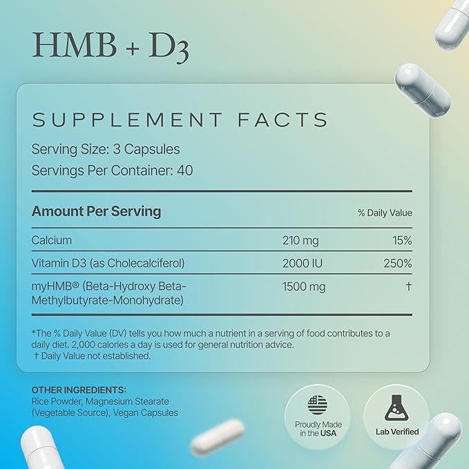 HMB and Vitamin D3 Supplement 1500mg Patented Formula with Clinical Dose Preserve Lean Muscle with Ageless Performance Beta-Hydroxy Beta-Methylbutyrate Capsules 120 Count