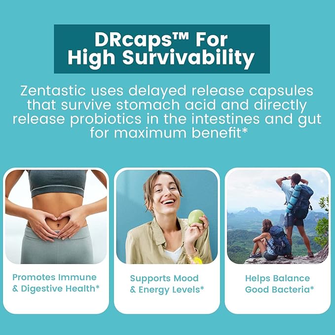 Zentastic Probiotics &amp Prebiotics Supplement - 50 Billion CFU - for Men &amp Women’s Immune &amp Digestive Health - 16 Strains - Shelf Stable - 180 Delayed Release Veggie Capsules