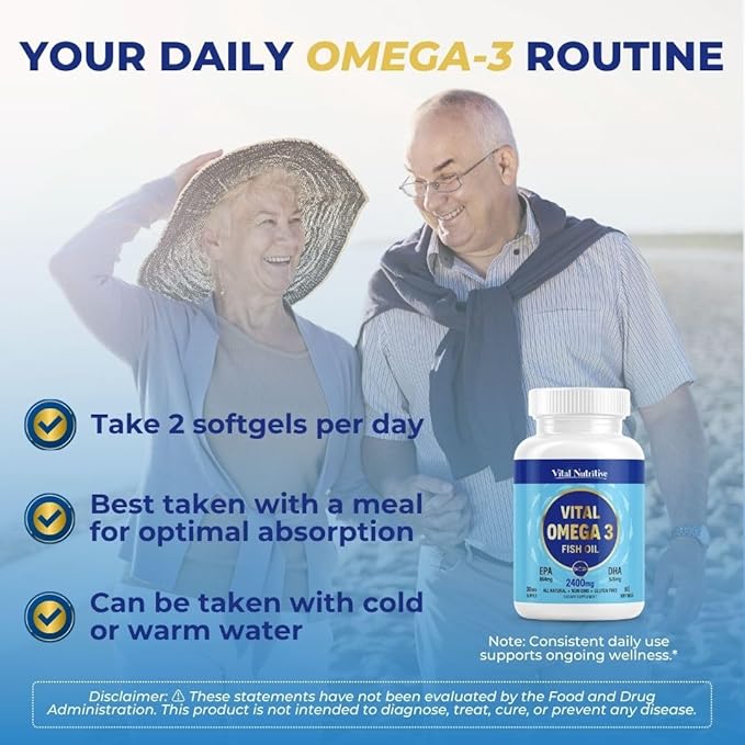 Vital Omega 3 Fish Oil Supplements 2400mg | 864mg EPA &amp 576mg DHA | 1440mg Total Omega-3 Fatty Acids | Promotes Brain &amp Heart Health | Non-GMO Gluten-Free Sugar-Free | Lemon | 60 Day Serving