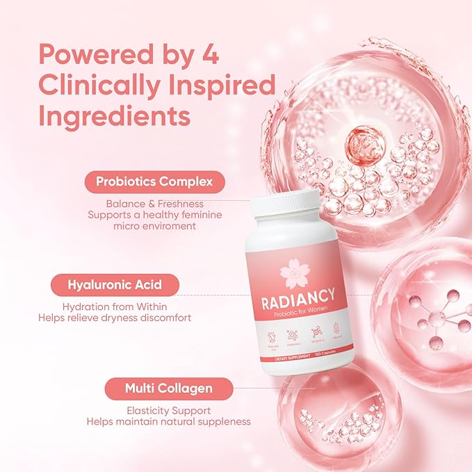 Radiancy Probiotic for Women Vaginal Health - Vaginal Dryness &amp Ph Balance with Lactobacillus Strains Cherry Blossom Extract Hyaluronic Acid Vitamin C | 120 Count