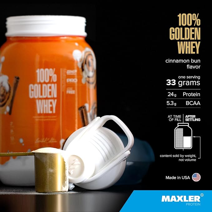 Maxler 100% Golden Whey Protein - 24g of Protein per Serving - Whey Protein Powder for Pre Post Workout - Fast-Absorbing Whey Concentrate Isolate &amp Hydrolysate Blend - Cinnamon Bun 2 lb