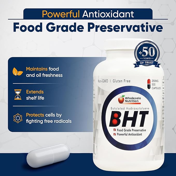 Wholesale Nutrition BHT - 250mg Potent Antioxidant - Non-GMO Gluten-Free - Enhance Oil/Fat Preservation - Pure Butylated Hydroxytoluene for Foods/Oils - 500 Capsules