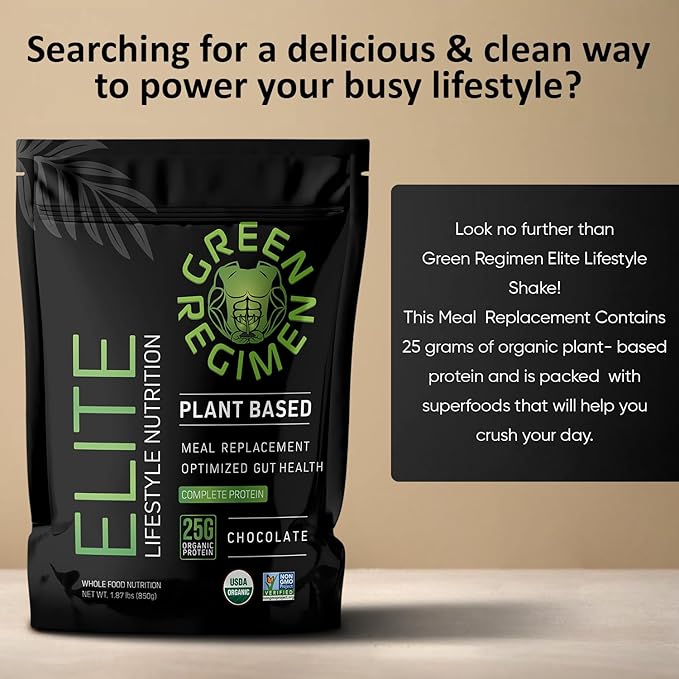 Green Regimen Elite Plant-Based Powder - 25g Complete Hemp &amp Pea Protein Meal Replacement High-Protein Vegan Shake NonGMO Gluten-Free Dairy-Free Low Carb - (Chocolate - 1 Month Supply)