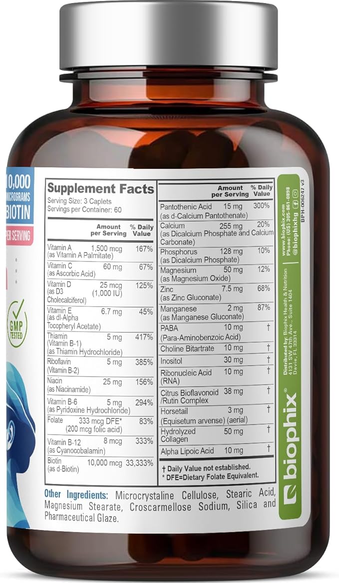 biophix Hair Skin and Nails Complex 180 Caplets with 10000 mcg Biotin - Multivitamin Supports Strong Nails Beautiful Hair Healthy Aging