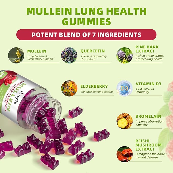 Catfit Mullein Quercetin Gummies for Lungs Detox &ampLymphatic DrainageElderberry Gummies for Respiratory &amp Immune SupportVegan Raspberry Flavor 120 Gummies